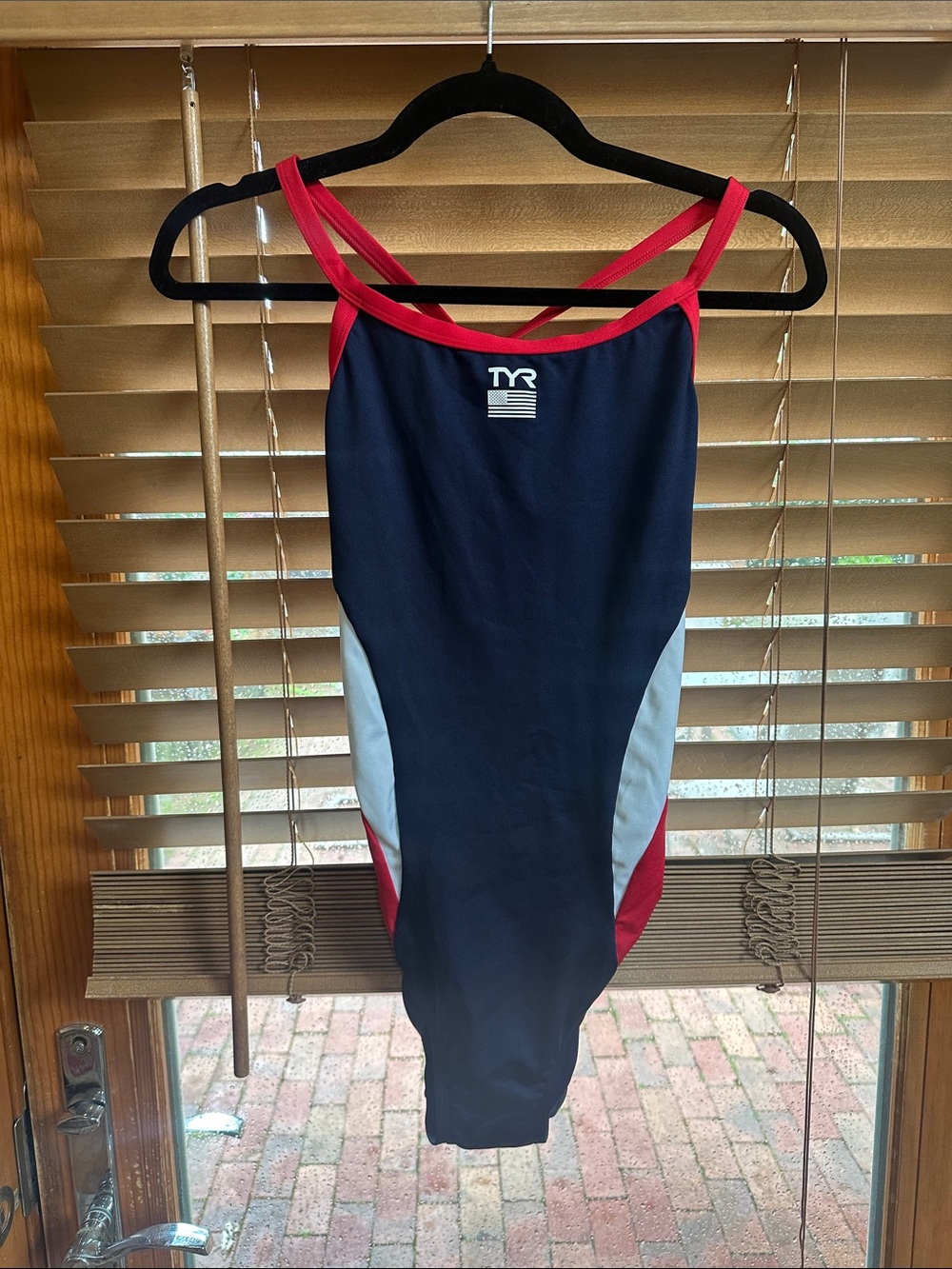 TYR Navy One-Piece Swimsuit with Red Straps and White Panels